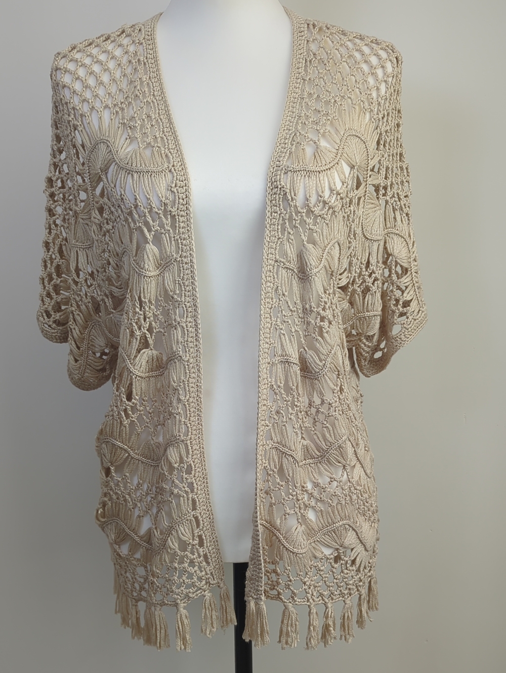 New Directions Bohemian Crochet Open Front Cardigan Fringe Trim Sweater XL